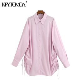 Women Fashion With Drawstring Oversized Blouses Long Sleeve Button-up Female Shirts Chic Tops 210420