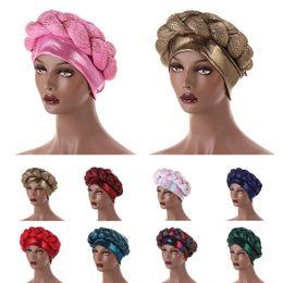 Women African Turban Braid Head Wrap Bonnet Hot drilling Cap Hijab Hat Scarf Headwear Cap Auto Geles Aso Oke Headtie Ready Made