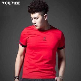 Male T-shirt 2021 Summer New Hot Selling Mercerized Cotton Trend Embroidery Slim Casual Top High-Quality Red Men's Clothing 5XL G1229