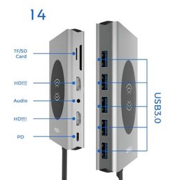 Docking Stations 14 In 1 USB-C Hub Station Adapter USB 3.0 Wireless Charge Dual HD-compatible VGA 3.5mm Audio RJ45