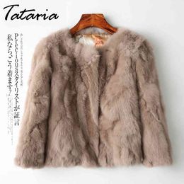 Tataria Real Rabbit Fur Jacket for Women Long Sleeve Plus Size Overcoat Women's Short Coat Female Warm Plush Coats 210514