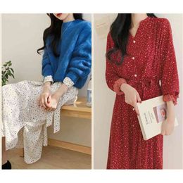 Autumn Spring Mid-Calf Sashes Vintage Women Red V neck dot Long Elegant Female Dress Full Sleeve Vestidos femme 210417