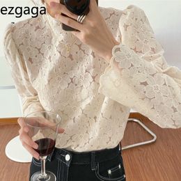 Ezgaga Women Blouse Korean Chic Sweet Lace Embroidery Flower Stand Collar Long Sleeve Inside Loose Elegant Shirts Casual Blusas 210430