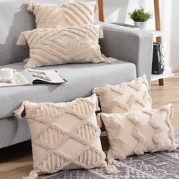 Cushion/Decorative Pillow Tassels Cushion Cover Beige Boho Pillowcase With Tufted Home Decor Handmade Woven Sofa Living Room Decoration