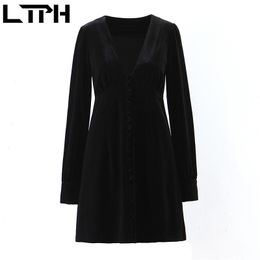 Sexy V-Neck women dress black All-match Single Breasted long sleeve vintage elegant Casual dresses Spring Autumn 210427