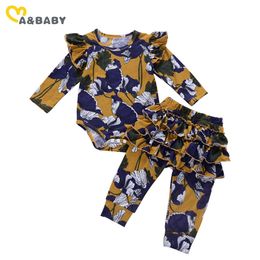 0-24M Vintage born Infant Baby Girl Flower Clothes Set Soft Romper Ruffles Floral Pants Outfits Autumn Clothing 210515