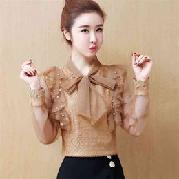 Spring Summer Korea Fashion Women Chiffon Shirt Sweet Cute Ladies Tops Plus Size Lace Blouses Elegant slim D224 210512