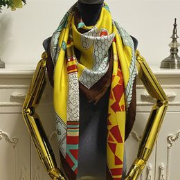 Women's square scarf scarves good quality 100% twill silk material yellow pint pattern size 130cm- 130cm