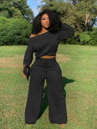 Echoine Autumn Long Sleeve Sexy Off Shoulder Crop Top Wide Leg Pants Two Piece Set lounge wear Casual Fashion Tracksuit Outfit Y0625