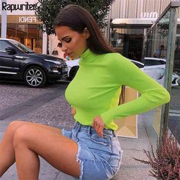 Casual Turtleneck Long Sleeve Knitted T-Shirt Women Autumn Stretch Tee Shirt Solid Basic Tops Winter Slim Outfit 210510