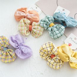 2Pcs/Set Kids Hair Scrunchies Bows Elastic Rubber Band Plaid Solid Color Hair Ring Children Ponytail Holders Hair Accessories