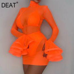 Solid Orange Long Sleeve Sexy Perspective Women Dress Exaggerated Lotus Suit Gauze Club Summer GX1085 210421