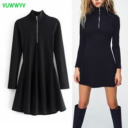 VUWWYV Black Ribbed Zip Short Dresses for Women Spring Out Going Sweater Dress Woman Long Sleeve Elastic Slim Vestidos 210430