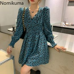 Nomikuma V Neck Long Sleeve Dress Women Vestidos Femme Slim Waist Floral Printed Mini Dresses Elegant Retro High Street 3d338 210514