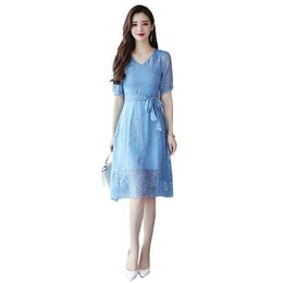 Summer Dress Women Blue S-3XL Plus Size Knee-length es Korean Office Elegant V Neck Slim Bow Fashion LR216 210531