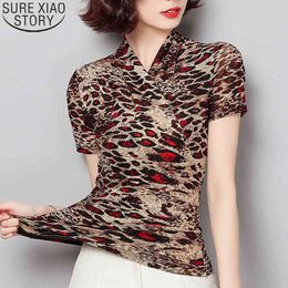 Red Leopard Print Mesh Bottoming Blouse Women Short Sleeve Summer Shirt Plus Size Blusas Mujer De Moda V-neck Blouses 10364 210417