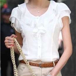 Women OL Ruffle Chiffon Blouse White Shirt Female Short Butterfly Sleeve Plus Size 5XL Tops Feminina Blusas 210719