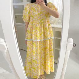 Yellow Korean Summer Elegant Retro Round Neck Print Loose Puff Sleeve Cascading Ruffle Dress Long Skirt Women 16W821 210510