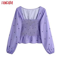 Tangada Women Retro Purple Heart Print Pleated Square Collar Shirt Long Sleeve Chic Female Short Blouse Shirt Tops CE198 210609