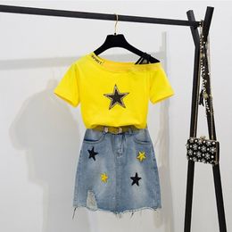 New Summer Short sleeves Five-Pointed Star Skirt T-shirt 2 Piece Set Women Denim Short Skirts Plus Size 2Pcs Set 210407