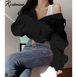 Rockmore Zipper Up Hoodies Women Aesthetic Pockets Solid Sweatshirts Long Sleeve Crop Top Baggy Hooded Hoodie Sweat Shirts Loose 210910