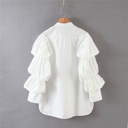 H.SA shirt Women White Button puff Sleeve Streetwear Casual Loose Party Vestidos Blouses office Ladies tops shirts 210417