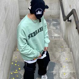Men's Hoodies High version RAF mint green round neck sweater men's and women's American high street hole vibe letter printing couple's top