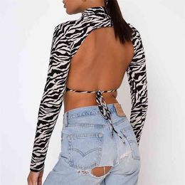 Sexy Backless Zebra Print Crop Tops Women Long Sleeve Club Party Summer Blouse Streetwear 210427