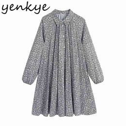 Spring Women Vintage Floral Print Shirt Dress Female Long Sleeve Pleated Casual Loose Plus Size Short Vestido 210514