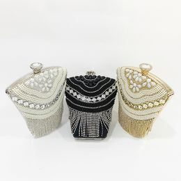 Diamond Tassel Evening Bag Women Wedding Pearl Beaded Clutch Purse And Handbag Metal Handle Black Gold Silver Dress Bag