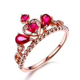 Cluster Rings Ruby Gemstones Red Crystal Crown For Women Rose Gold Tone Silver 925 Anillos Jewellery Bijoux Bague Party Romantic Gifts