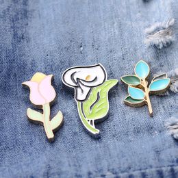 Pins, Brooches Plant Flowers Enamel Pins Fresh Lily Green Leaves Lapel Pin Shirt Badge Trendy Backpacks Jewelry