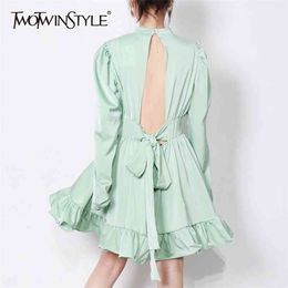 Hollow Out Korean Dress For Women Stand Collar Long Sleeve High Waist Elegant Dresses Female Fashion Clothing 210520