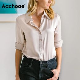 Solid Colour Women Office Wear Satin Blouse Loose Turn Down Collar Shirt Tops Casual Long Sleeve Shirts Blouses 210413