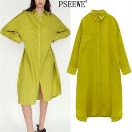 Vestido de primavera Amarelo camisa de grandes dimensões longas manga casual hem assimética bainha solta chique senhoras es 210519