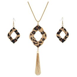 Earrings & Necklace Long For Women Leopard Print Cheetah Leather Drop Dangle Set Geometric Pendant Fringe Tassel