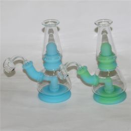 Glow in the dark smoking silicone bongs recycler bong pipe dab rig bubbler unique glass water pipes with quartz banger and bowl