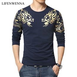 Autumn new high-end men's brand t-shirt fashion Slim Dragon printing atmosphere t shirt Plus size long-sleeved t shirt men 210409