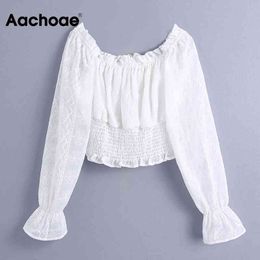 Sweet Lace Embroidery Cropped Blouse Women Off Shoulder Ruffles Chic Tops Ladies Long Sleeve Elegant White Shirt 210413