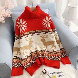 Oversized Super Fire Red Snowflake Sweater Lazy Ugly Christmas Thick Turtleneck Women Jumper Pullover Sweaters Tops 210520