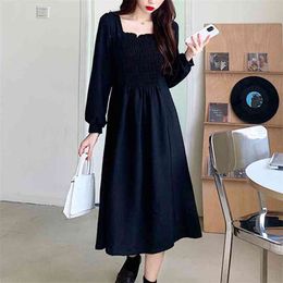 French Elegant Full Sleeve Long Dress Black Square Collar Women Gothic Fairy Dress Wedding Party One-piece Spring Clothing 210409
