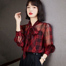 Chiffon Girl Trend Bow Shirt 2021 Autumn Printed Plaid Women Shirt Fashion Elegant Sweet Chiffon Blouse