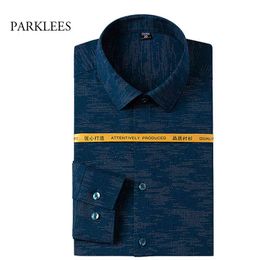 Jacquard Bamboo Shirts Men Autumn Long Sleeve Casual Mens Dress Shirt Non Iron Blue Camisas Slim Fit Cosy Chemise Homme 44 210524