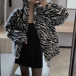 Cotton clothing style retro zebra pattern thick plush velvet loose zipper stand collar coat jacket women 220118
