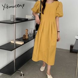 Yitimuceng Ruched Dresses for Women Oversize Puff Sleeve Light Blue Green Yellow Black Sundress Summer Korean Fashion Dress 210601