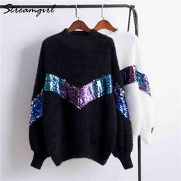 Mohair Sweater With Sequins Women White Turtleneck Sweater Pullover Sweaters Women Sweters Patch Thick Winter Warm Sweaters 210421