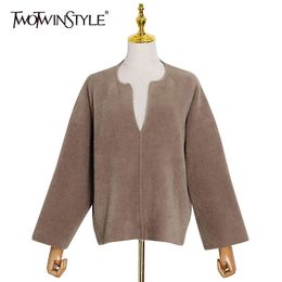 Solid Casual Knitting Pullovers For Women V Neck Long Sleeve Minimalist Sweater Female Fall Fashion Style 210524