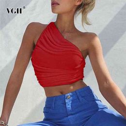 Solid Sexy Vests For Women Skew Collar Sleeveless One Off Shoulder Ruched Slim Short Tank Tops Female Summer Fashion Stylish 210531