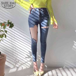 Denim Jeans Woman Jeggings Tassel High Waist Autumn Summer Skinny Elastic Capris Female Ripped Holes Pencil Trousers 10405 210508