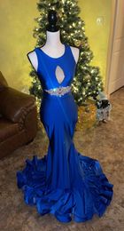 High Quality Royal Blue Prom Dress Mermaid Beaded Crystals Floor Length Sleeveless Event Wear Party Gown Custom Made Plus Size Available